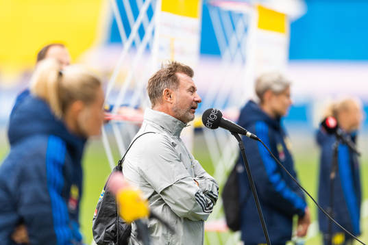 Peter Gerhardsson, head coach, is interviewed