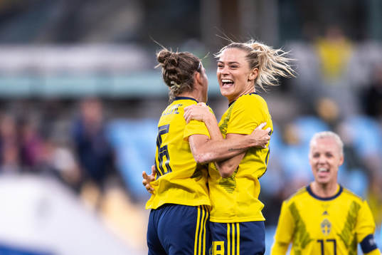 Filippa Angeldahl and Fridolina Rolfö of Sweden celebrate