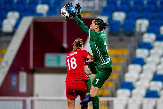 Frida Maanum of Norway and goalkeeper Florentina Kolgeci of