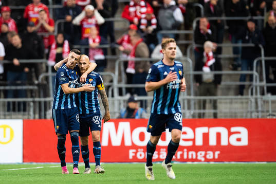 Djurgårdens Haris Radetinac och Magnus Eriksson jublar
