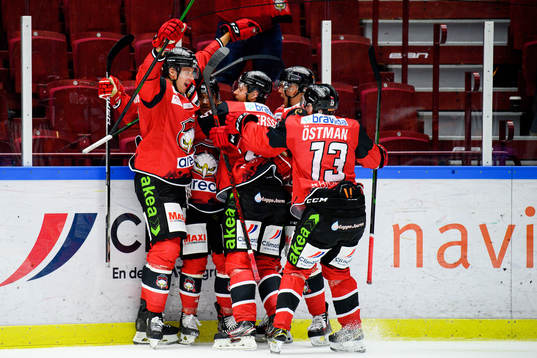 Malmö Redhawks spelare jublar med Jaedon Descheneau