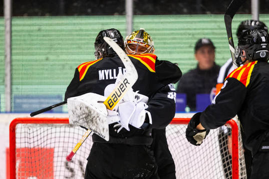 Brynäs Anton Mylläri jublar med målvakt Veini