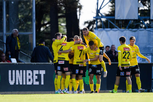 Mjällbys spelare jublar med Jacob Bergström