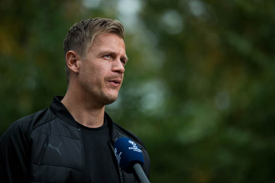 Goalkeeper Johan Dahlin of Malmö FF is interviewed at the