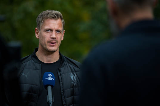 Goalkeeper Johan Dahlin of Malmö FF is interviewed at the