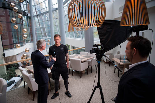 Goalkeeper Johan Dahlin of Malmö FF is interviewed by