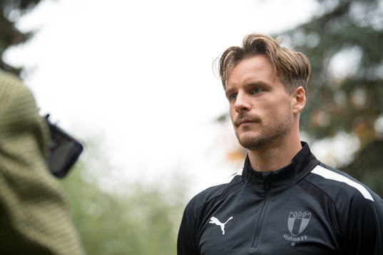 Eric Larsson of Malmö FF is interviewed at the team hotel
