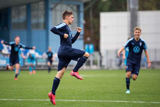 Isak Bjerkebo of Malmö FF celebrates