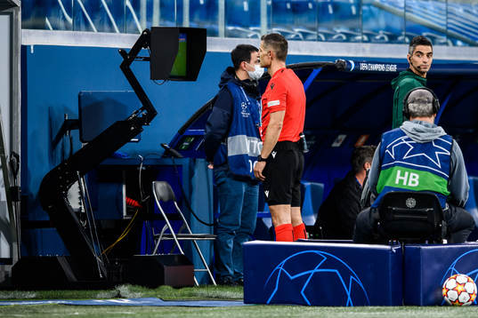 Referee Tasos Sidiropoulos at the VAR screen