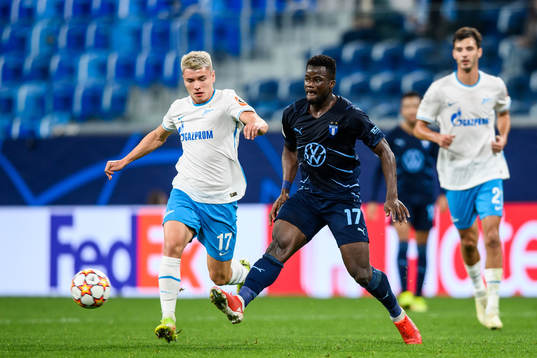 Andrey Mostovoy of Zenit against Malik Abubakari of Malmö