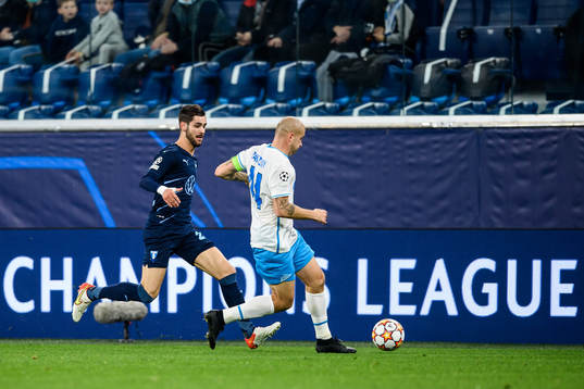 Adi Nalic of Malmö FF against Yaroslav Rakitskiy of Zenit