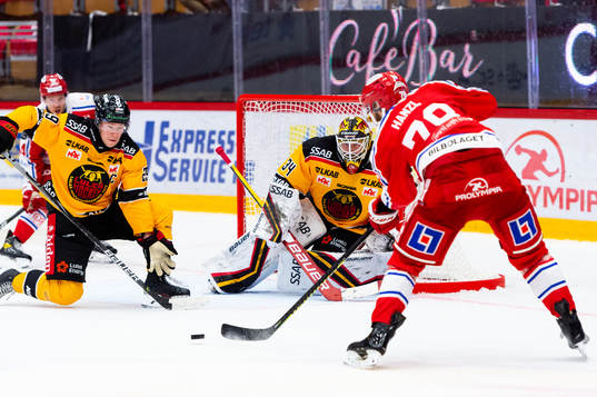 Luleås Erik Gustafsson och målvakt Joel Lassinantti mot