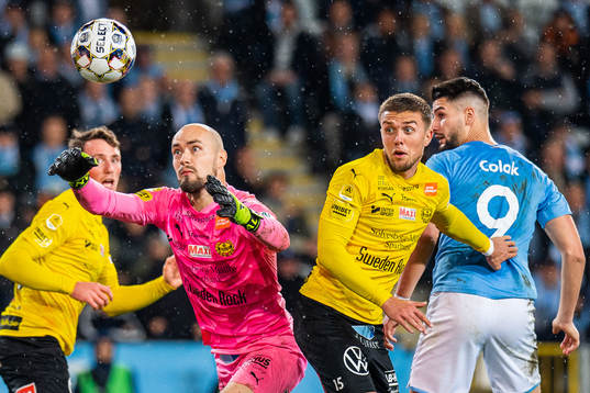 Mjällbys målvakt Carl-Johan Eriksson och Ivan Kricak