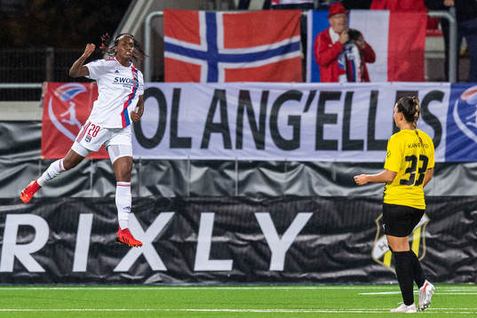 Melvine Malard of Lyon celebrates scoring 0-1
