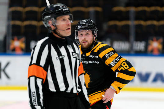 Skellefteås Oskar Nilsson tittar på domare Tobias Björk