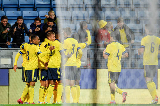 Players of Sweden celebrate the 2-0 goal by Armin Gigovic