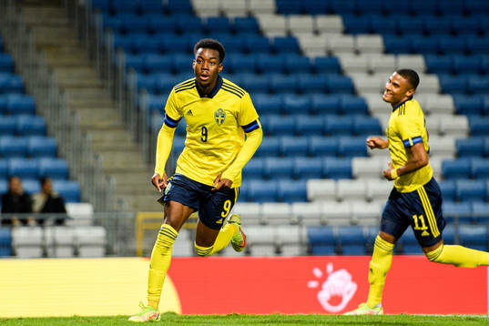 Anthony Elanga and Amin Sarr of Sweden celebrate the 3-0
