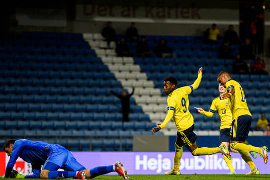 Anthony Elanga and Amin Sarr of Sweden celebrate the 3-0
