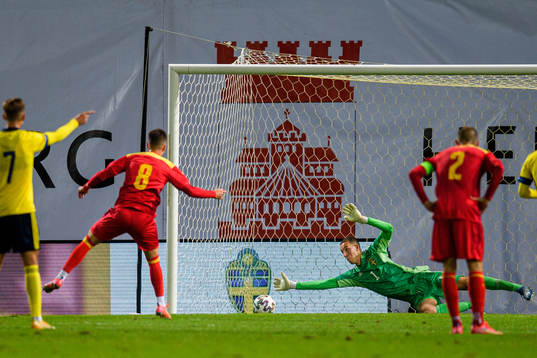 Goalkeeper Samuel Brolin of Sweden with a penalty save