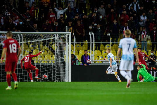 Kerem Aktürkoglu of Turkey scores the 1-0 goal infront of
