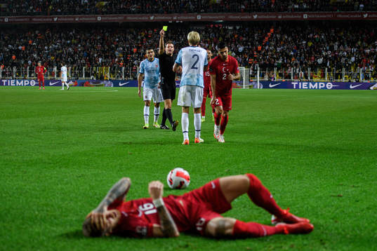 Morten Thorsby of Norway receives a yellow card