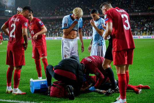 Morten Thorsby of Norway receives a yellow card