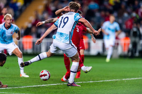 Kristian Thorstvedt of Norway scores the 1-1 goal