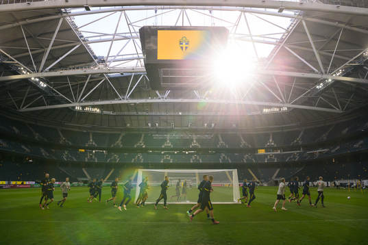 Players of the Swedish national football team warming up