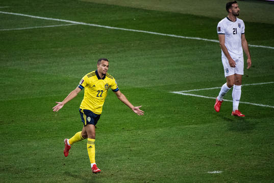 Robin Quaison of Sweden celebrates scoring 3-0