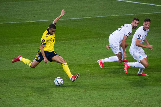 Robin Quaison of Sweden and David Domgjoni and Amir