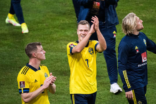 Emil Krafth, Viktor Claesson and Emil Forsberg of Sweden