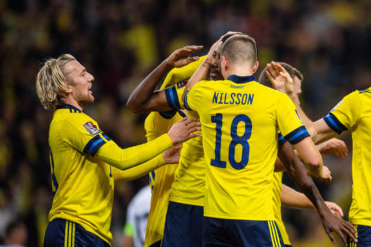 Emil Forsberg, Joakim Nilsson and Alexander Isak of Sweden