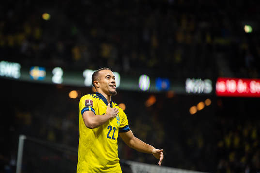 Robin Quaison of Sweden celebrates scoring 3-0