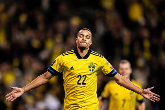 Robin Quaison of Sweden celebrates his 3-0 goal