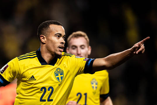 Robin Quaison of Sweden celebrates his 3-0 goal