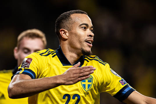 Robin Quaison of Sweden celebrates his 3-0 goal