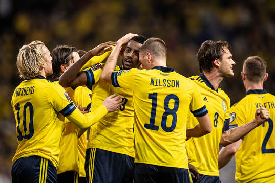 Alexander Isak of Sweden celebrate with Mattias Svanberg,