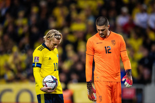Emil Forsberg of Sweden and goalkeeper Arijanet Muric of