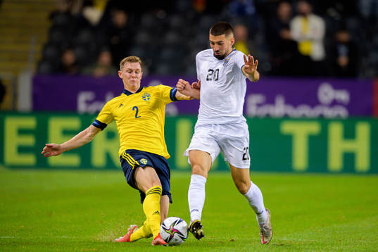 Emil Krafth of Sweden and Ibrahim Dresevic of Kosovo