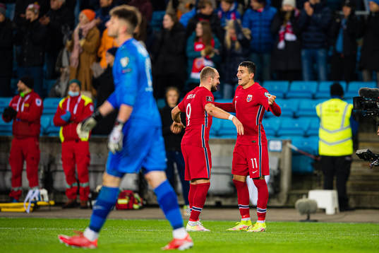 Veton Berisha and Mohamed Elyounoussi of Norway