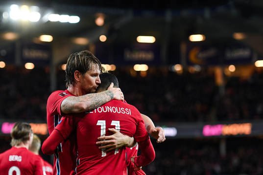 Stefan Strandberg and Mohamed Elyounoussi of Norway