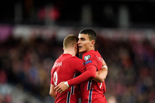 Veton Berisha and Mohamed Elyounoussi of Norway celebrate