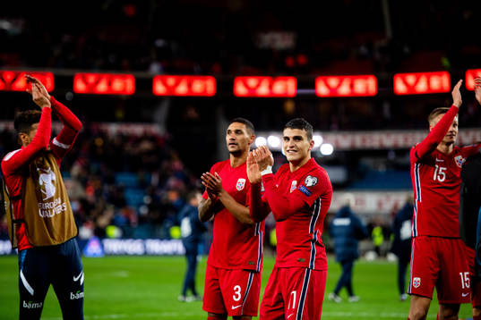 Ruben Gabrielsen and Mohamed Elyounoussi of Norway celebrate