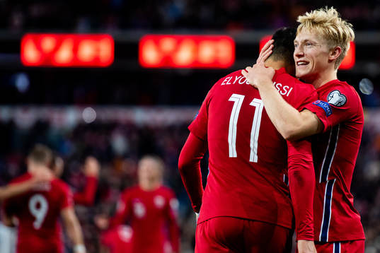 Mohamed Elyounoussi and Birger Meling of Norway celebrate