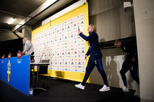 Emil Forsberg and Robin Olsen of the Swedish national