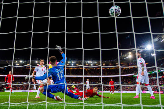 Mohamed Elyounoussi of Norway scores the 1-0 goal behind