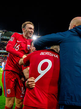 Fredrik Aursnes of Norway celebrates with staff and