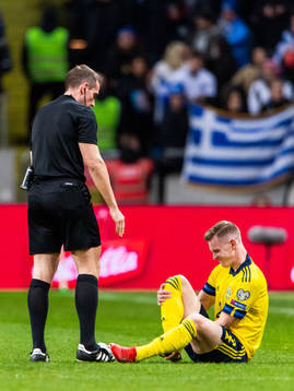 Referee Tobias Stieler talks to Emil Krafth of Sweden