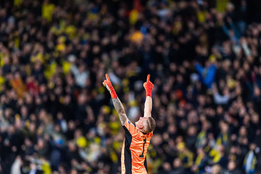 Goalkeeper Robin Olsen of Sweden celebrates