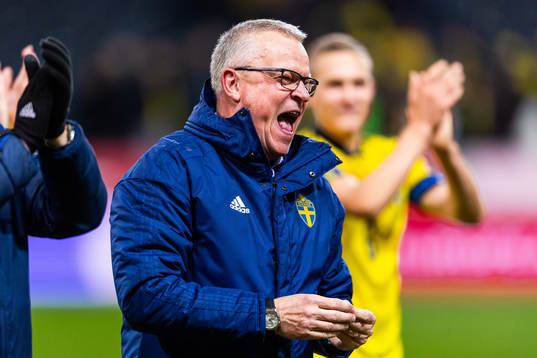 Head coach Janne Andersson of Sweden celebrates